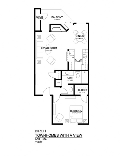 Townhomes with a View Birch 1x1 Modern w/FP Floor Plan